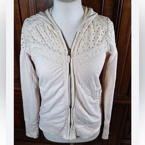 Anthropologie Feather Bone hooded jacket crochet Beachy eyelet lace zip up